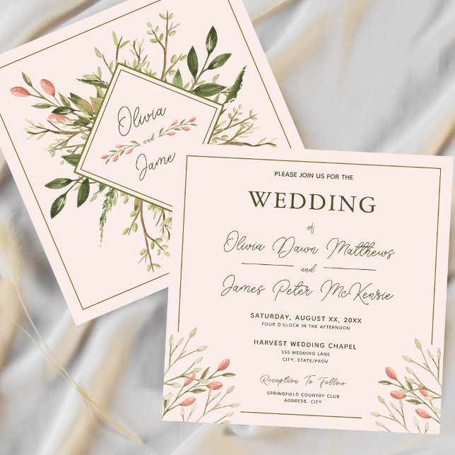 Wedding Elegant Forest Leaves Soft Pink Invitation (Wedding Elegant Forest Leaves Soft Pink Invitation)