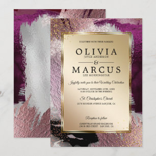 Wedding Elegant Gold Cassis Plum Brush Strokes Invitation