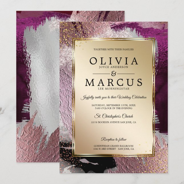 Wedding | Elegant Gold Cassis Plum Brush Strokes Invitation (Front/Back)