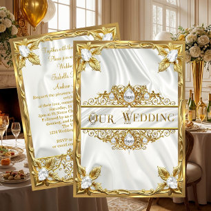 Wedding Elegant Gold Silk White Diamonds Gems Invitation