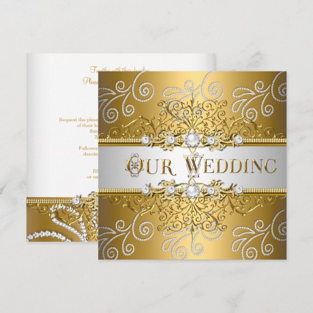 Wedding Elegant Gold Silver Lace Diamond Invitation (Front/Back)