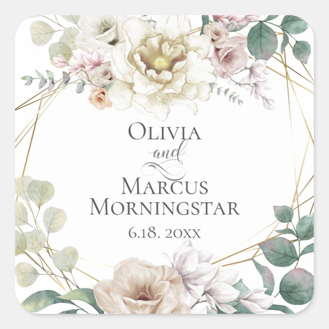 Wedding Elegant Ivory Blush Magnolias Peonies Square Sticker (Front)