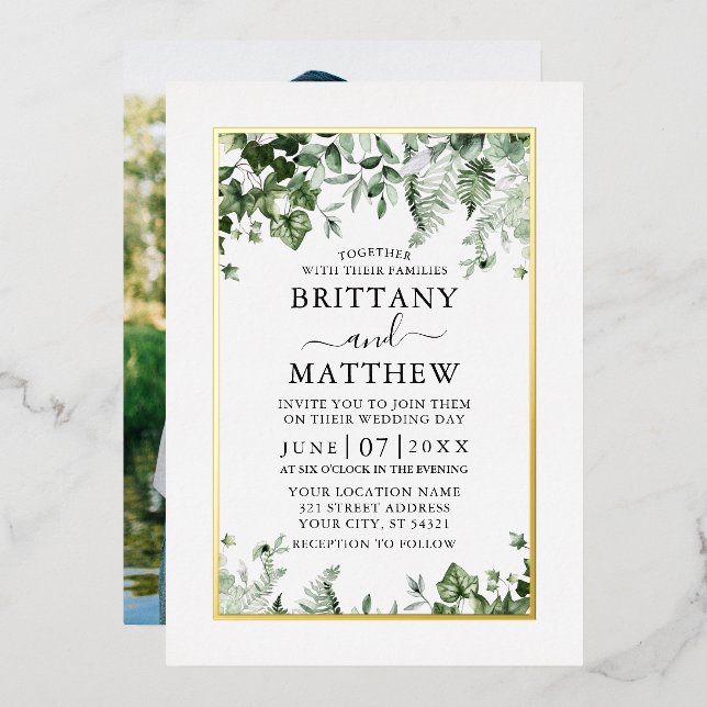 Wedding Elegant Ivy Sage Greenery Photo Gold (Front/Back)