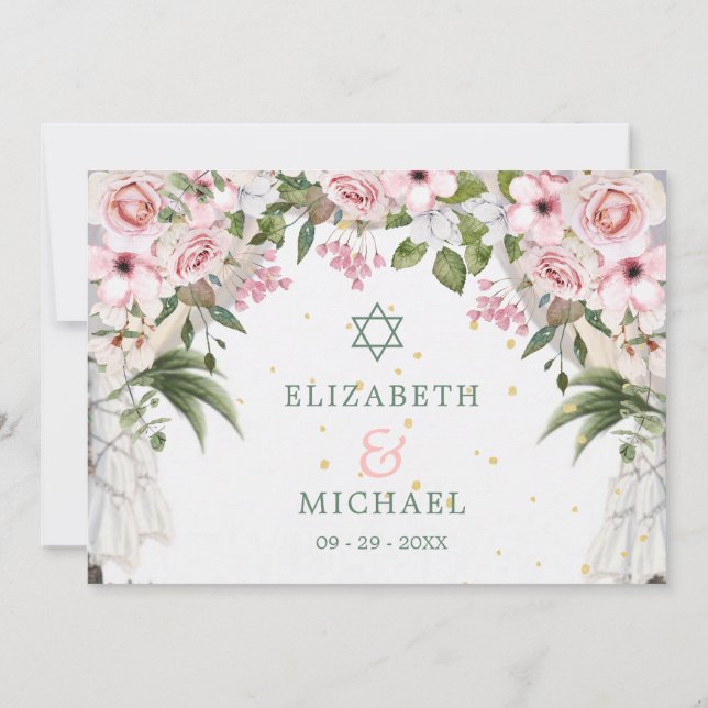 Wedding Elegant Jewish Chuppah Floral Foliage  Invitation (Back)