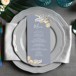 Wedding Elegant Menu Calligraphy Blue Floral<br><div class="desc">This design features an elegant simple wedding menu card with elegant calligraphy script,  blue background,  and greenery floral style,  the perfect reception decor,  with a dusty blue theme.</div>