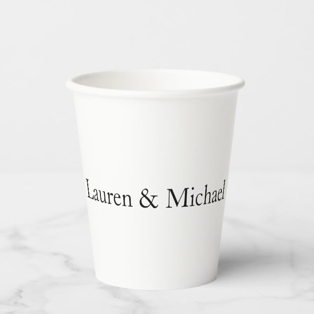 Wedding Elegant Minimalist Black White Names Paper Cups (Front)