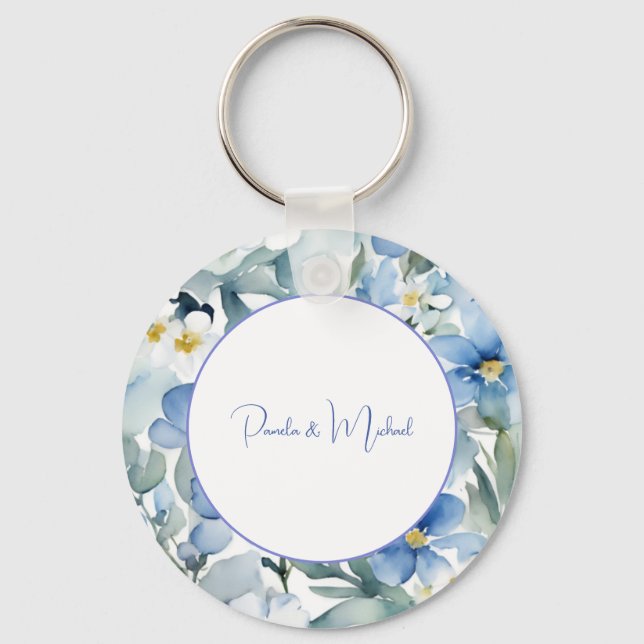 Wedding Elegant Minimalist Classical Blue Floral Key Ring (Front)