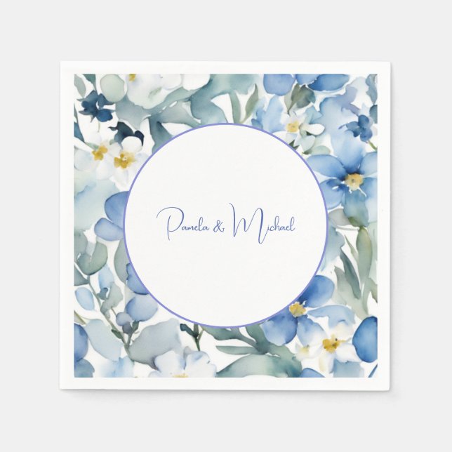 Wedding Elegant Minimalist Classical Blue Floral Napkin (Front)