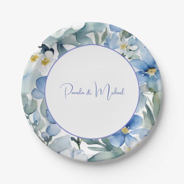 Wedding Elegant Minimalist Classical Blue Floral Paper Plate (Front)