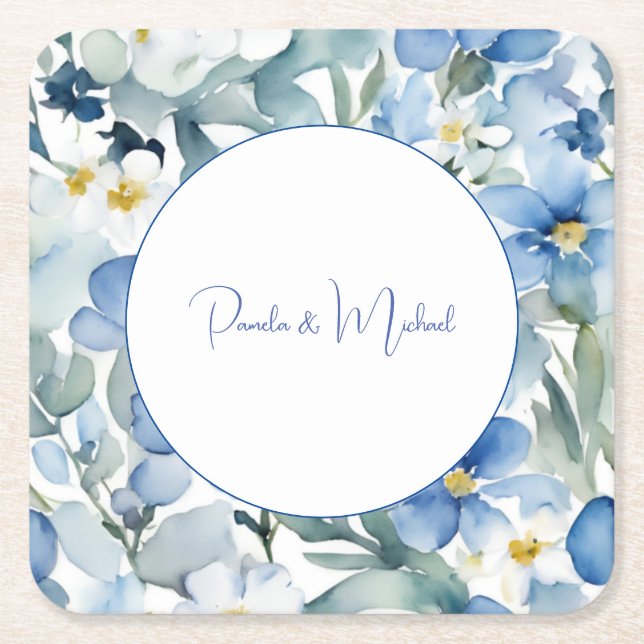 Wedding Elegant Minimalist Classical Blue Floral Square Paper Coaster (Front)