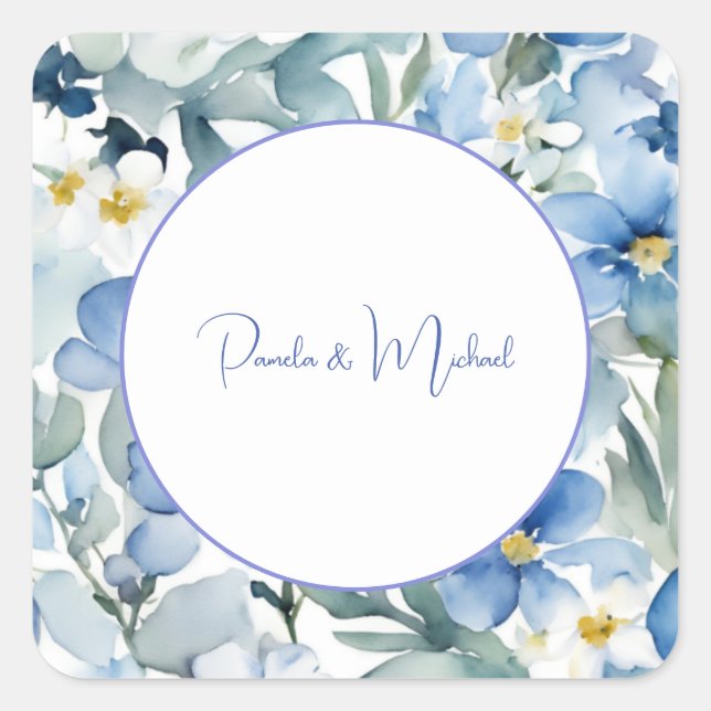 Wedding Elegant Minimalist Classical Blue Floral Square Sticker (Front)