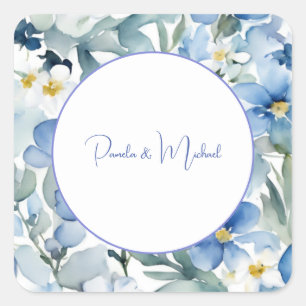 Wedding Elegant Minimalist Classical Blue Floral Square Sticker
