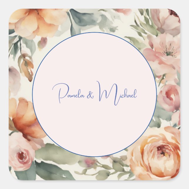 Wedding Elegant Minimalist Classical Floral Square Sticker (Front)