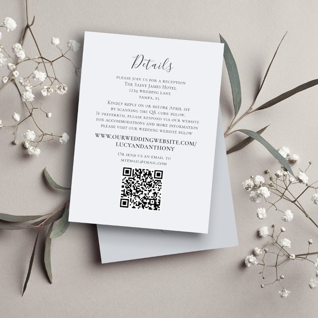 Wedding Elegant Minimalist Details QR Code Website Enclosure Card (Light blue details enclosure card with a scannable QR code. )