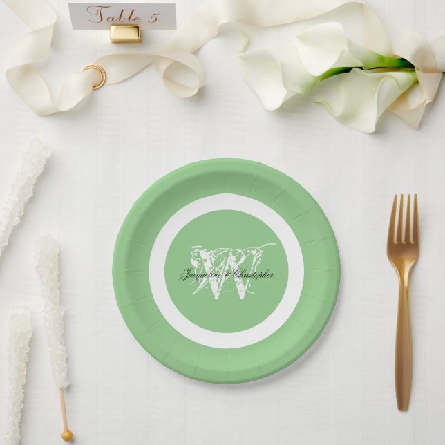 Wedding Elegant Monogram Name Chic Pastel Green  Paper Plate (Wedding)