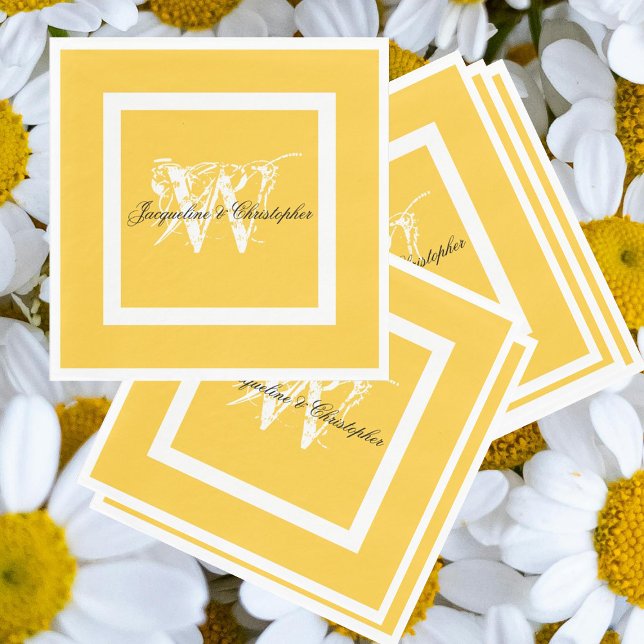 Wedding Elegant Monogram Script Chic Yellow Paper Napkin (Chic script, sunny yellow paper napkins for a simple elegant wedding, engagement or bridal shower.)