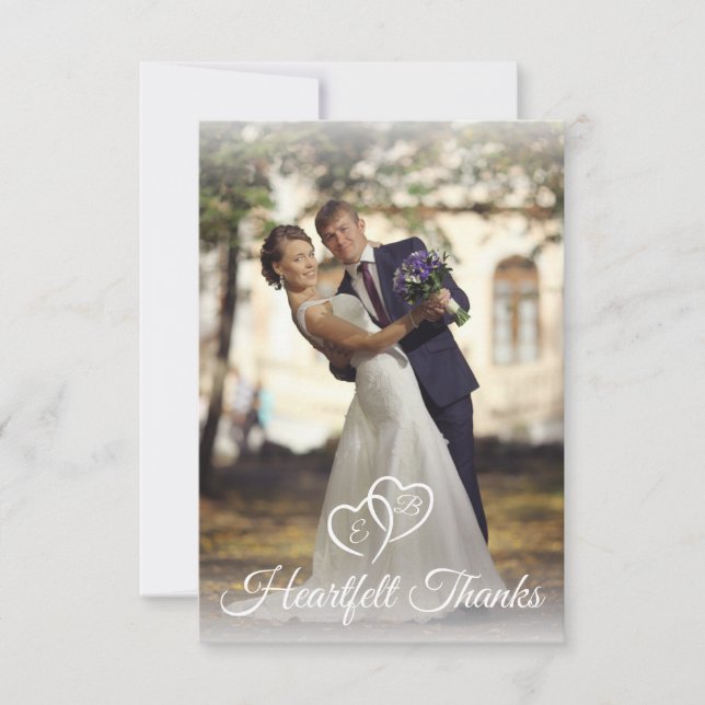 Wedding Elegant Monogram White Hearts Photo Thank You Card (Front)