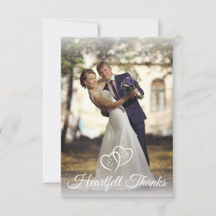 Wedding Elegant Monogram White Hearts Photo Thank You Card