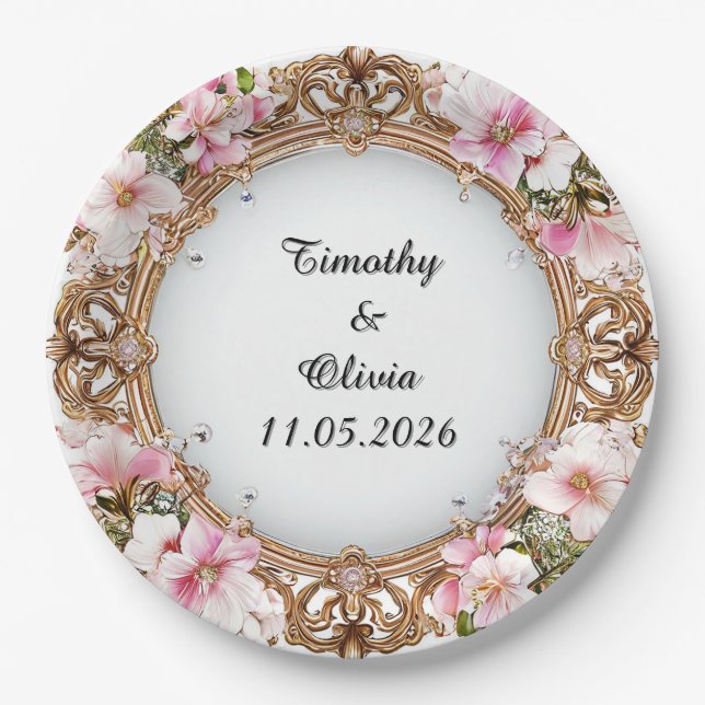 Wedding Elegant Ornate Floral Frame Paper Plate (Front)