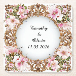 Wedding Elegant Ornate Floral Frame Square Paper Coaster