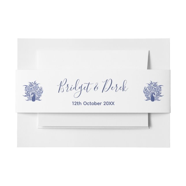 Wedding Elegant Peacock Blue and White Customised Invitation Belly Band (Front Example)