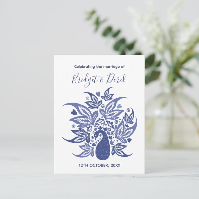 Wedding Elegant Peacock Blue and White Customised Invitation Postcard (Standing Front)