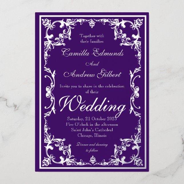 Wedding Elegant Purple Silver Ornate Border  Foil  (Front)