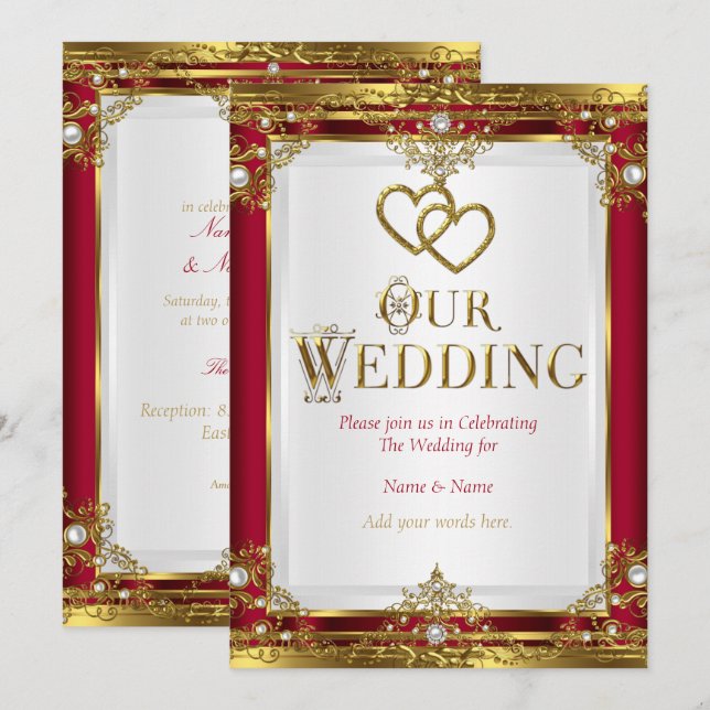 Wedding Elegant Red Gold White Golden Invitation (Front/Back)