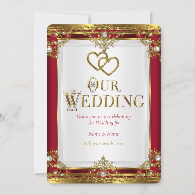 Wedding Elegant Red Gold White Golden Invitation (Front)