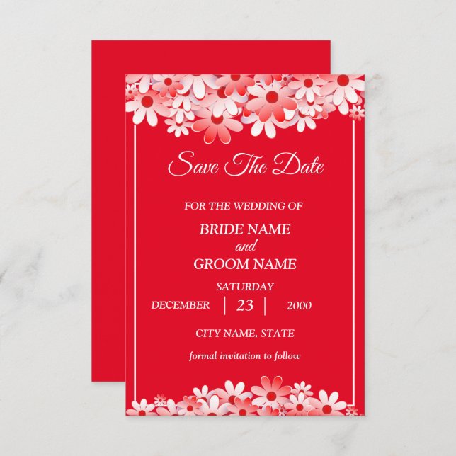 Wedding Elegant Red White Floral Save The Date (Front/Back)
