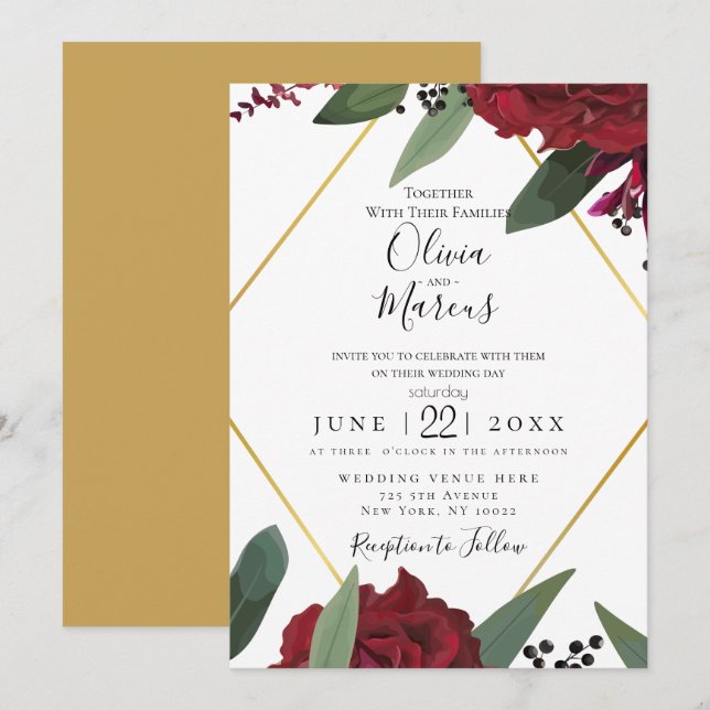 WEDDING | Elegant Rich Burgundy Marsala Floral 2 Invitation (Front/Back)