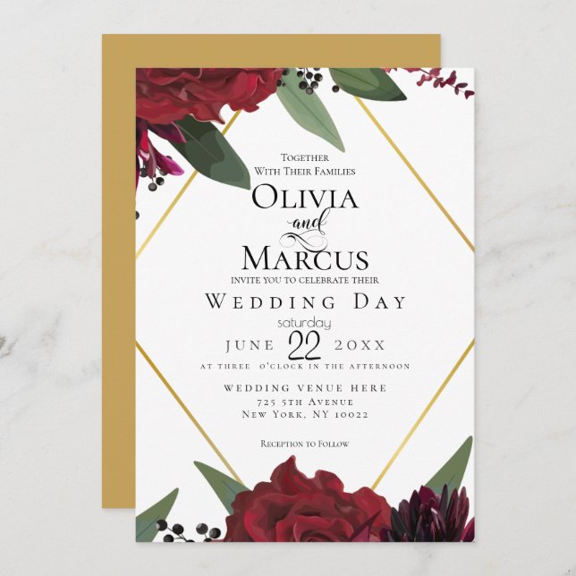 WEDDING | Elegant Rich Burgundy Marsala Floral 3 Invitation (Front/Back)