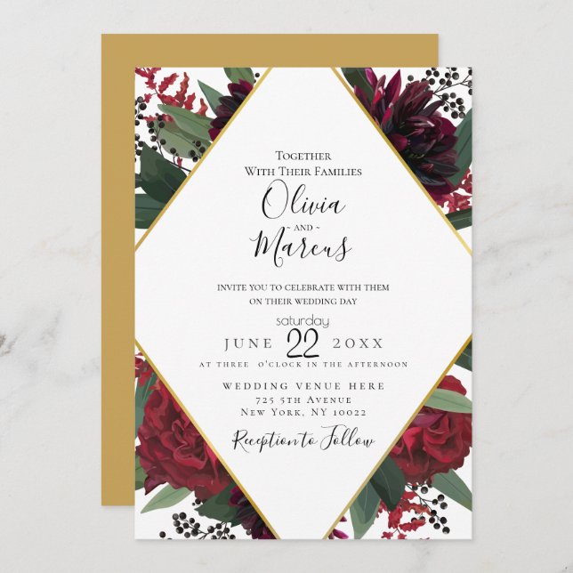 WEDDING | Elegant Rich Burgundy Marsala Floral Gol Invitation (Front/Back)