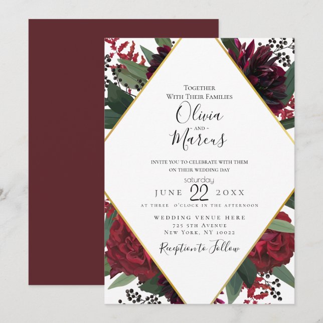 WEDDING | Elegant Rich Burgundy Marsala Floral Red Invitation (Front/Back)