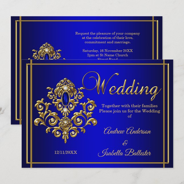 Wedding Elegant Royal Blue Gold Jewel Invitation (Front/Back)