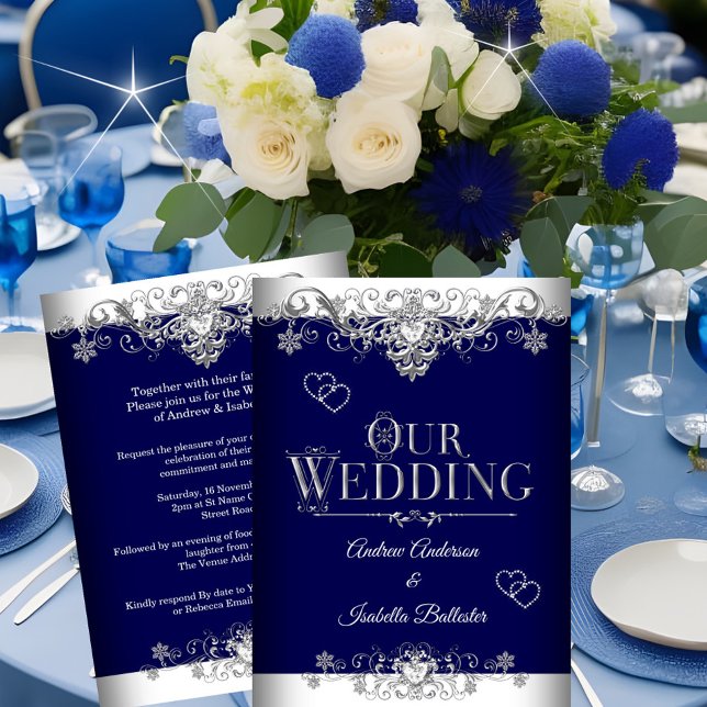 Wedding Elegant Royal Blue Silver Diamond Hearts Invitation (Creator Uploaded)