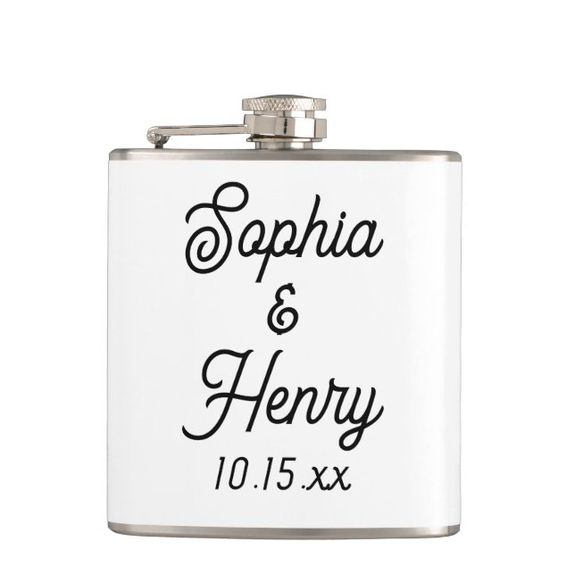 Wedding Elegant Script Black Typography Hip Flask (Front)