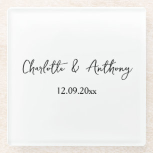 Wedding Elegant Script Creative Black White Glass Coaster