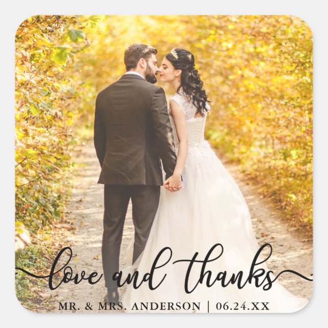 Wedding Elegant Script Love and Thanks Photo Blk Square Sticker (Front)