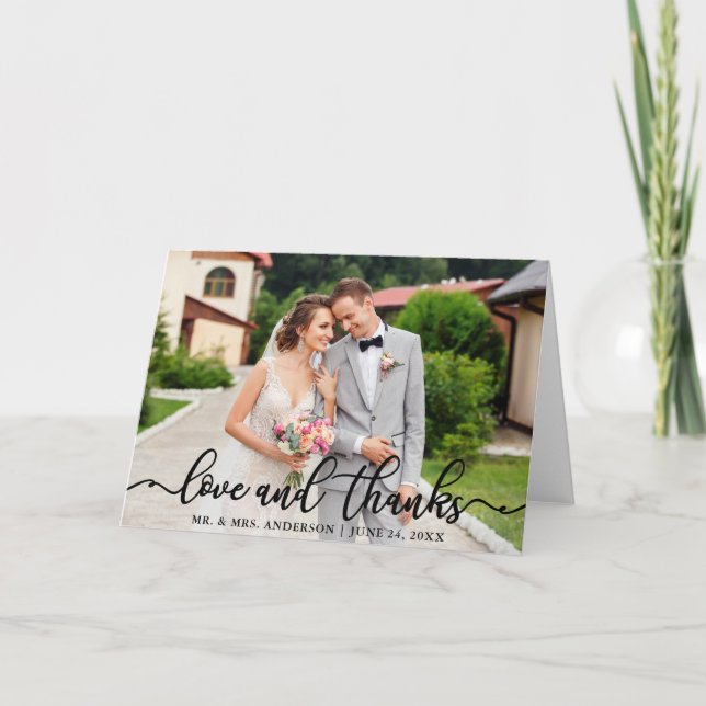 Wedding Elegant Script Love and Thanks Photo Fold Thank You Card (Front)