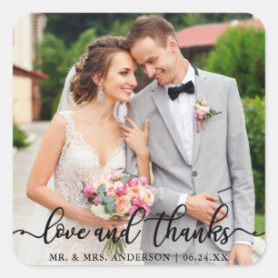 Wedding Elegant Script Love and Thanks Photo Square Sticker