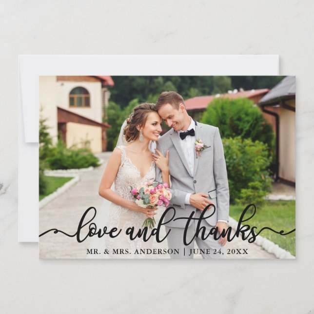 Wedding Elegant Script Love and Thanks Photo Thank You Card (Front)