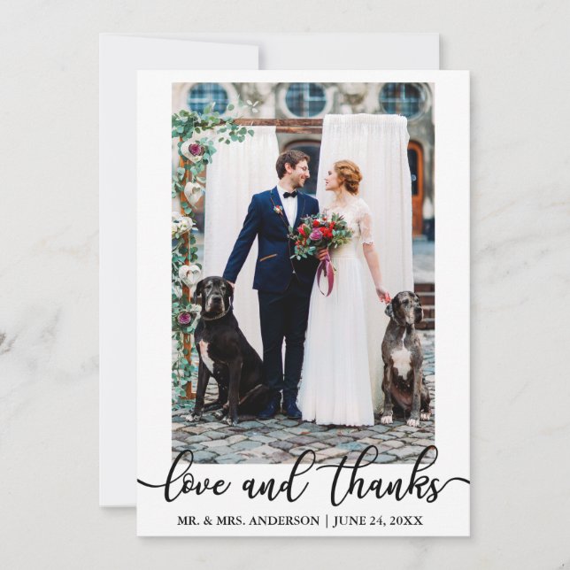Wedding Elegant Script Love and Thanks Photo Thank You Card (Front)