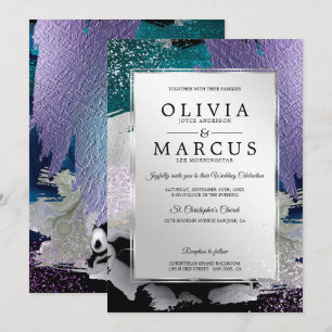 Wedding   Elegant Silver  Brush Strokes Invitation