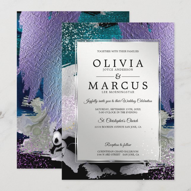 Wedding | Elegant Silver  Brush Strokes Invitation (Front/Back)