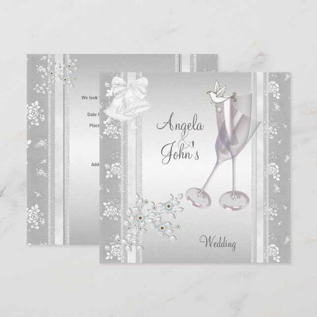 Wedding Elegant Silver White Lace Floral Invitation (Front/Back)