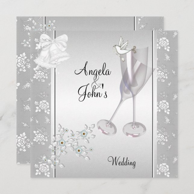 Wedding Elegant Silver White Lace Floral Invitation (Front/Back)