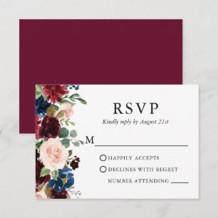 Wedding Elegant Watercolor Burgundy Blue Floral RSVP Card