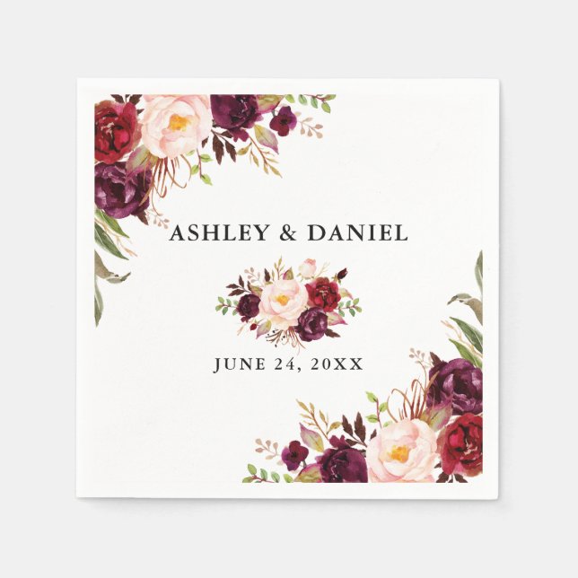 Wedding Elegant Watercolor Burgundy Floral Napkin (Front)