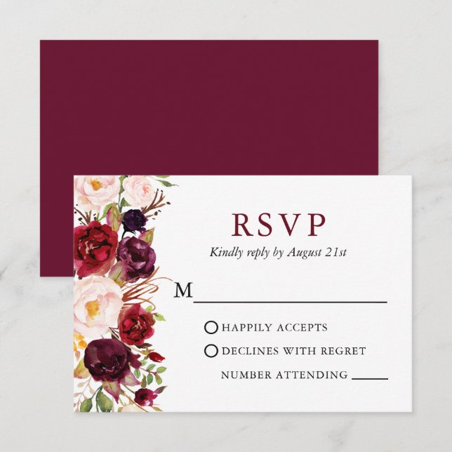 Wedding Elegant Watercolor Floral Burgundy RSVP Card (Front/Back)